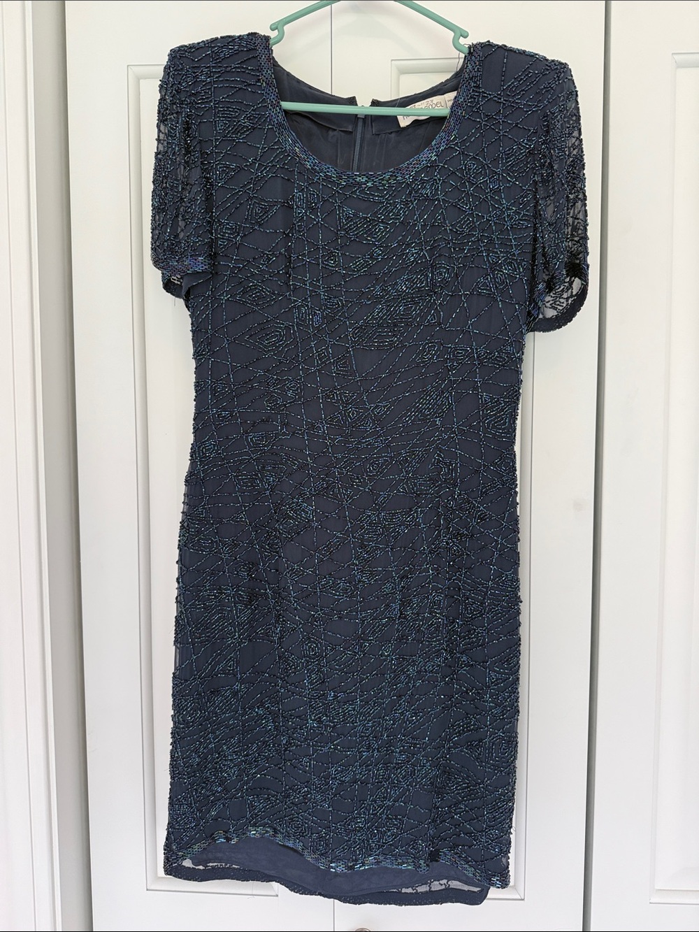 henri bendel Navy Beaded Short-Sleeve Midi Dress
